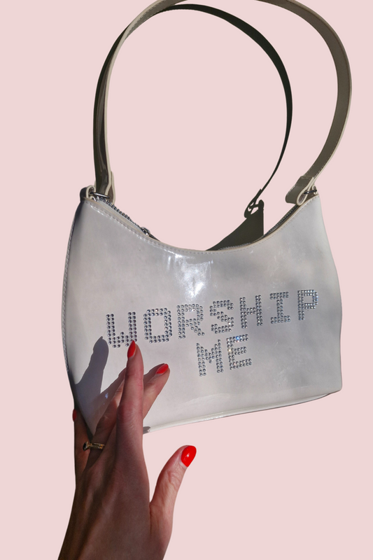 WORSHIP ME Patent White Y2K Rave Handbag