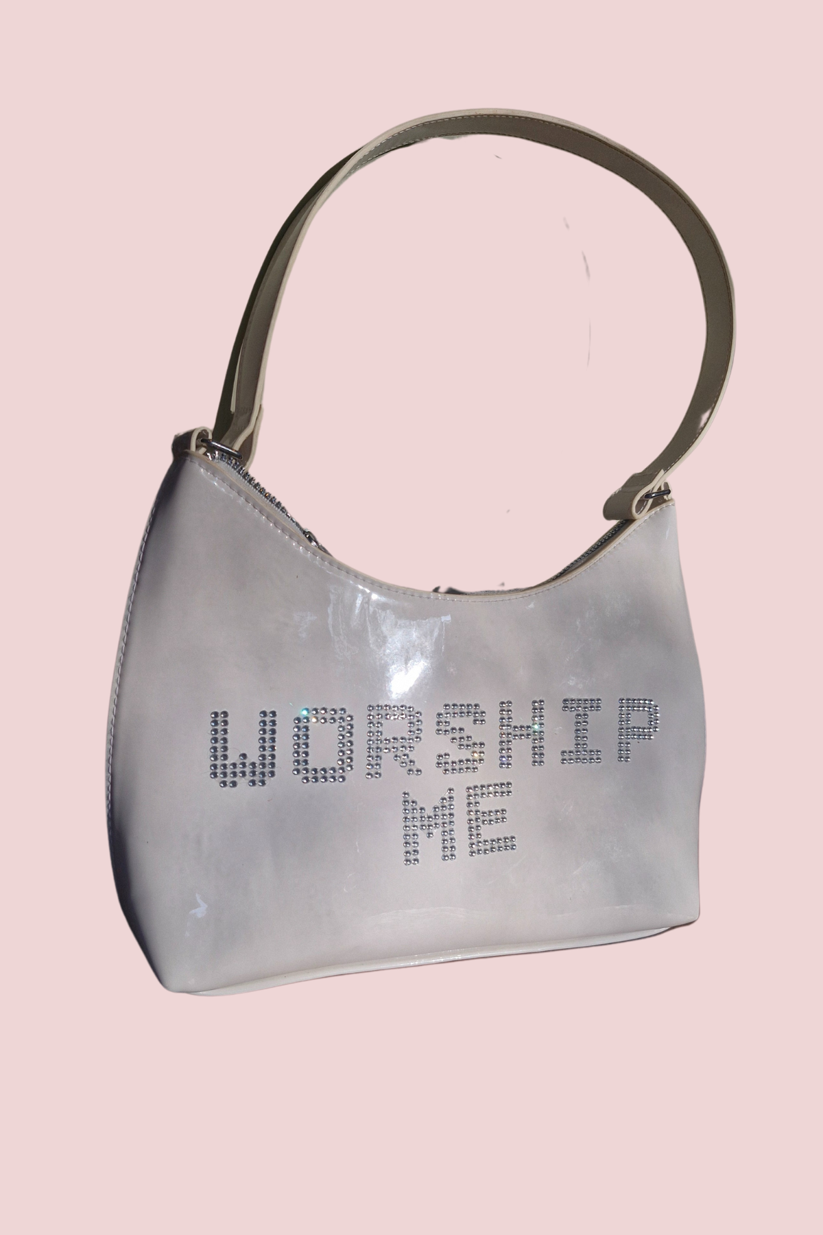 WORSHIP ME Patent White Y2K Rave Handbag