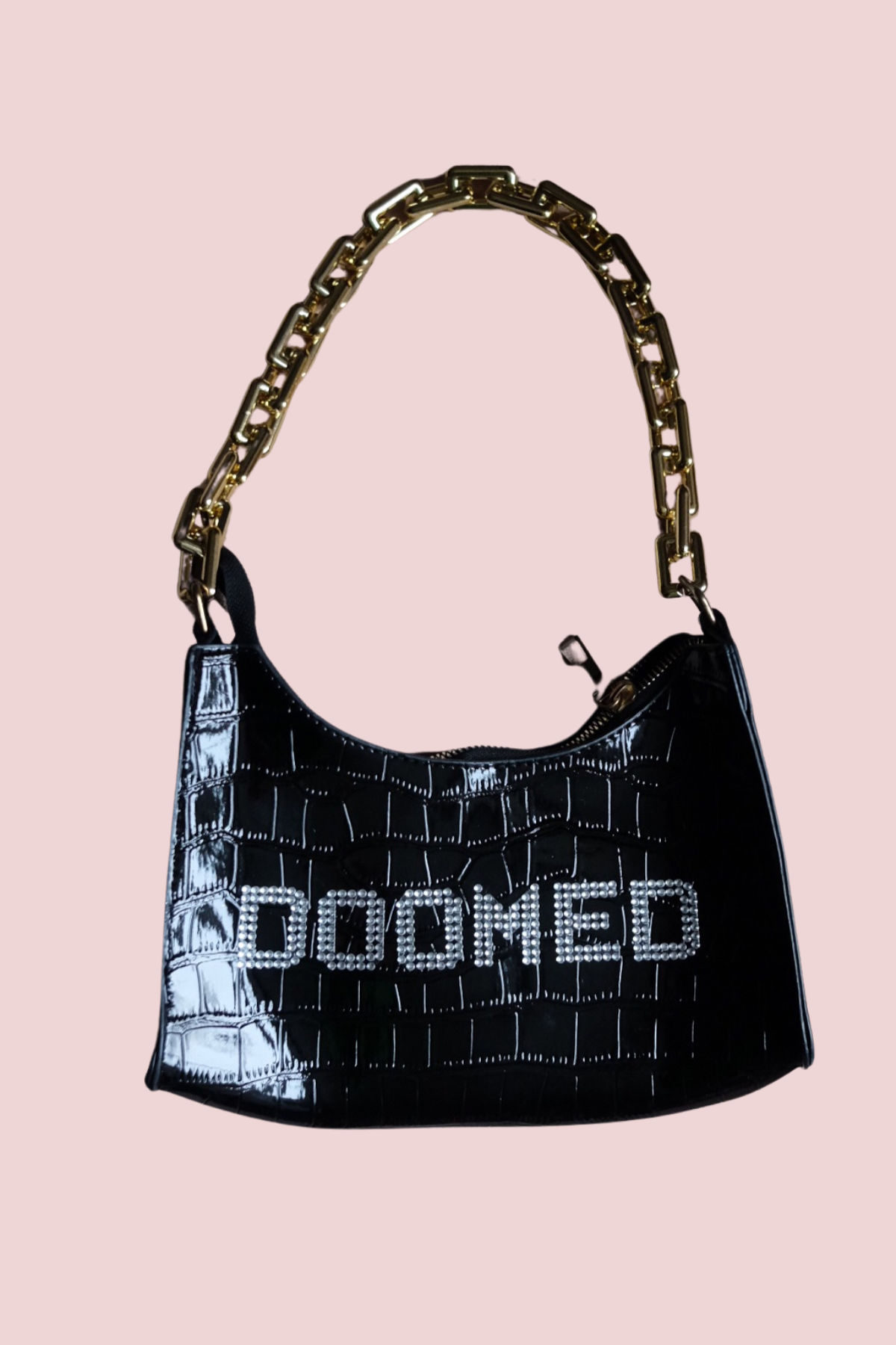 🖤✨ Daddy's Gurl - 'DOOMED' Rhinestone Black Croc Patent Bag ✨👜