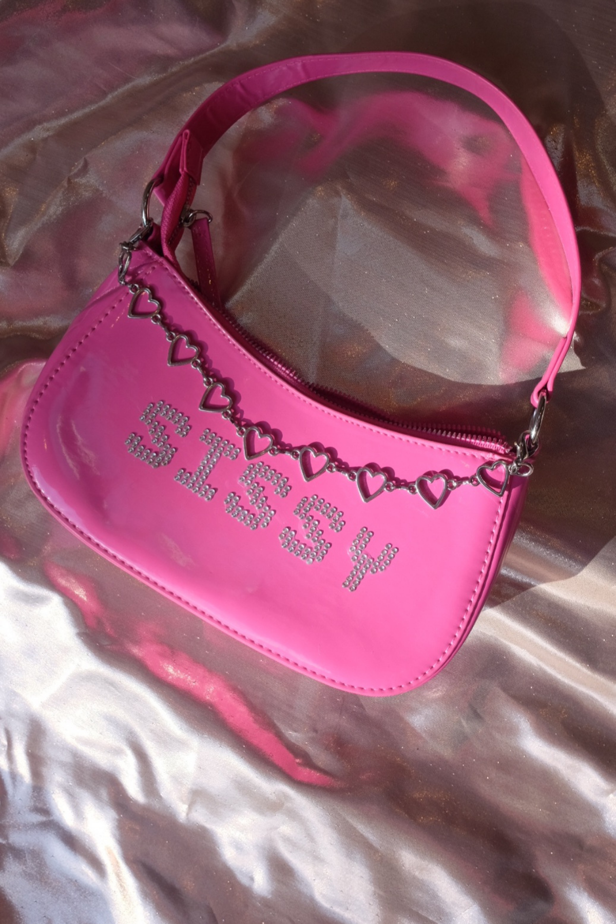 'SISSY Upcycled Rhinestone Hot Neon Pink with Silver Heart Chain Handbag