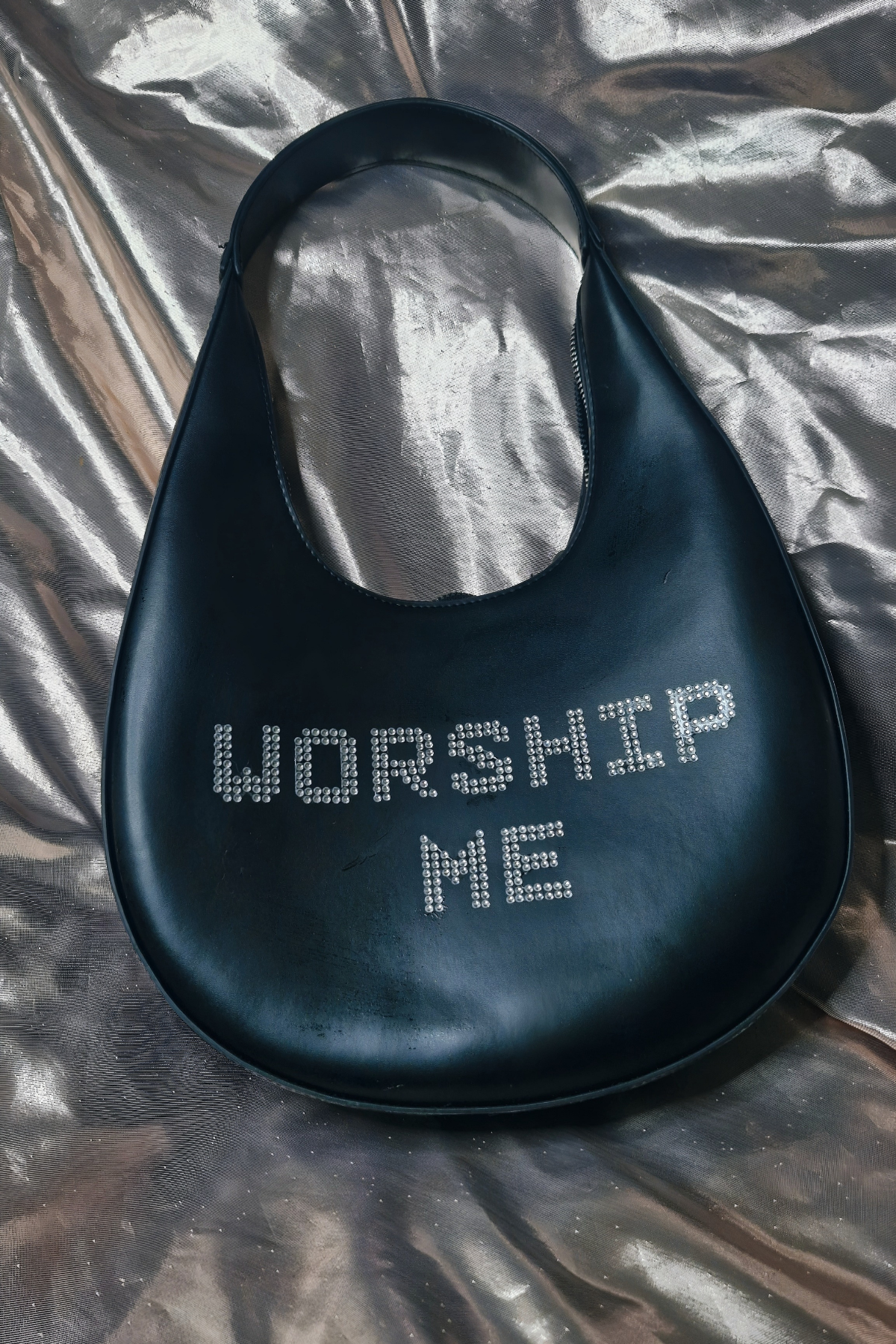 'WORSHIP ME' Upcycled Rhinestone Midi Matt Faux Leather Ready-to-Wear Handbag