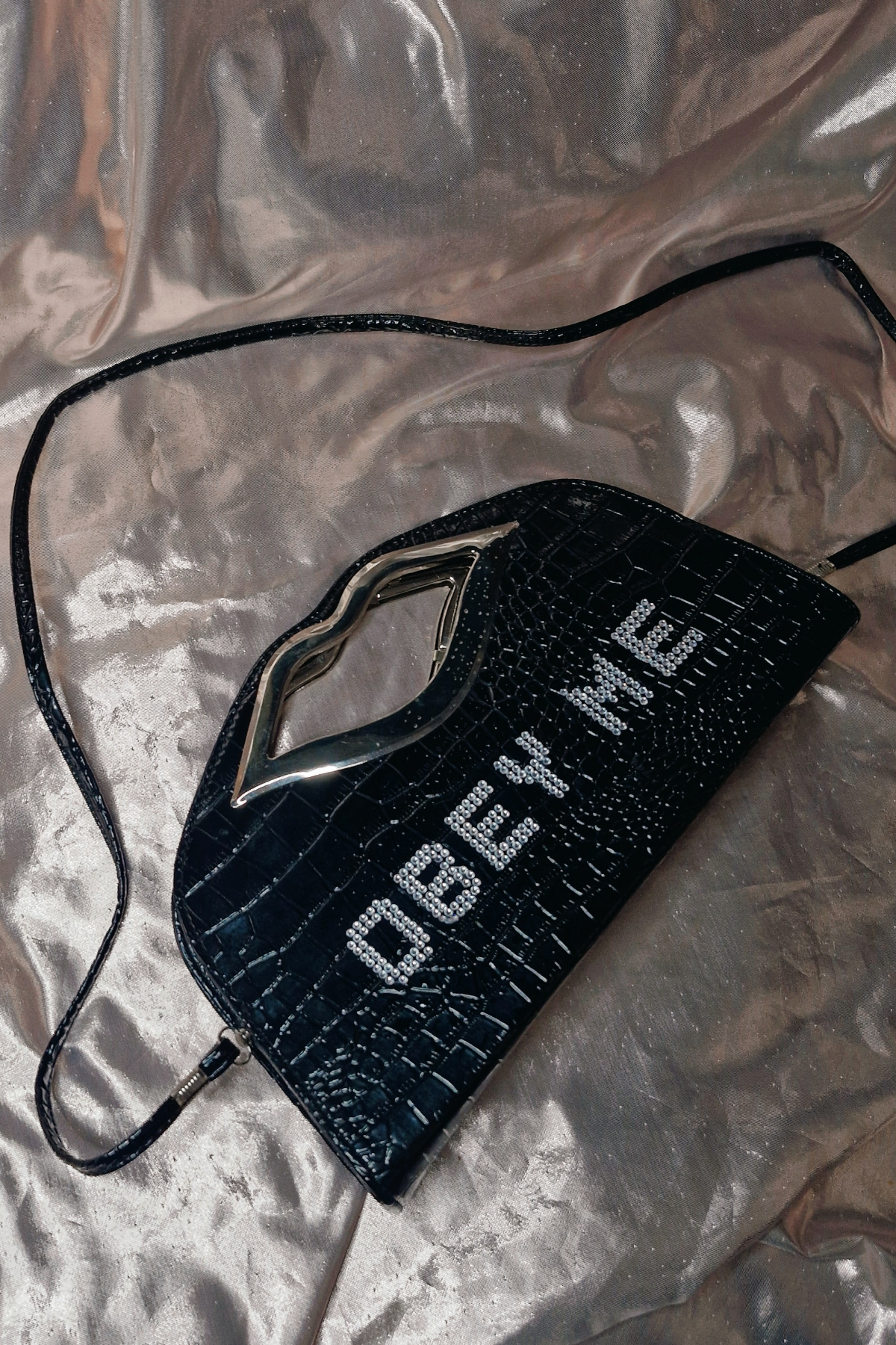 'OBEY ME' Upcycled Rhinestone Moc Croc Patent Silver Lips Handbag