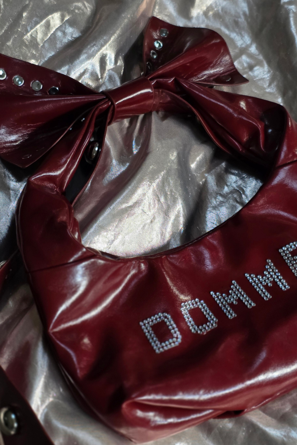DOMME π UPCYCLED BURGUNDY BOW RHINESTONE HANDBAG
