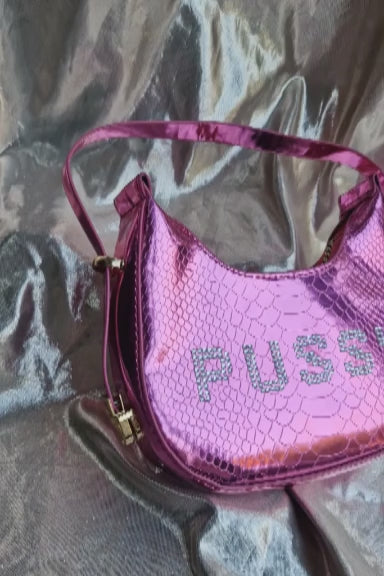 "PUSSY" Upcycled Metalic Pink Croc Rhinestone Handbag