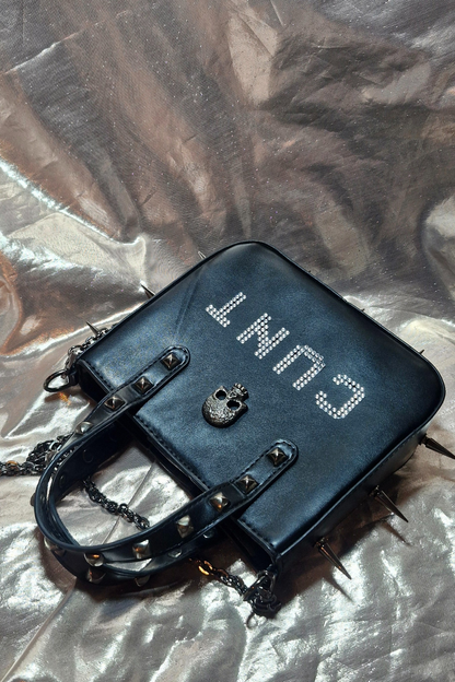"CUNT" Upcycled Spiked Skull Crossbody Bag