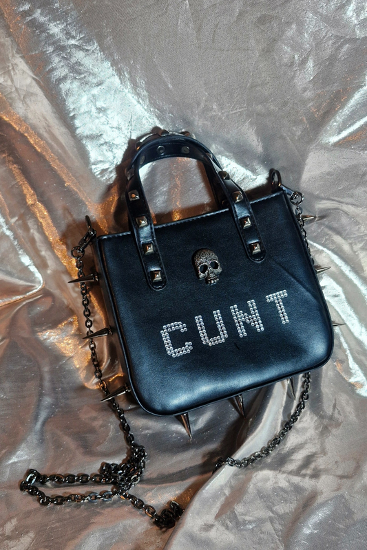 "CUNT" Upcycled Spiked Skull Crossbody Bag