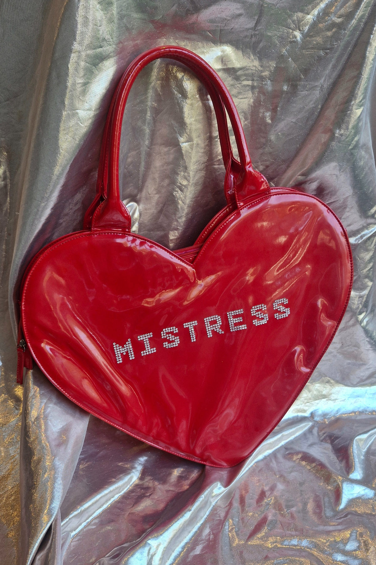 "MISTRESS" Upcycled Oversized Red Vinyl Heart Rhinestone