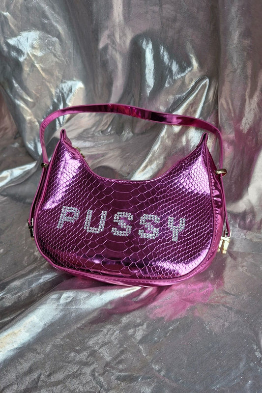 "PUSSY" Upcycled Metalic Pink Croc Rhinestone Handbag