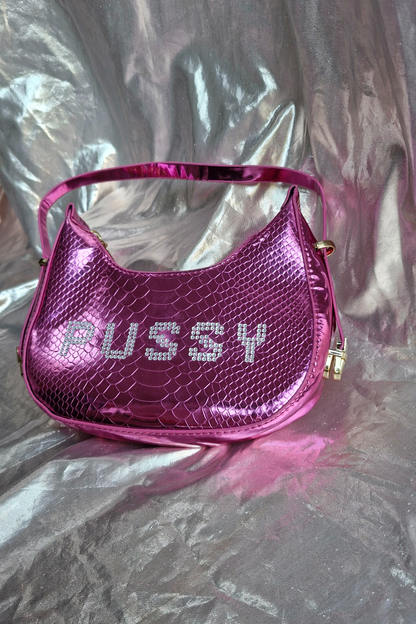 "PUSSY" Upcycled Metalic Pink Croc Rhinestone Handbag