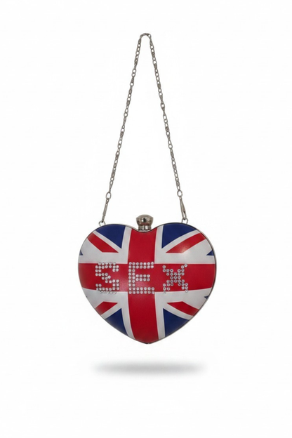 "SEX" Upcycled Union Jack Heart Shaped Clutch