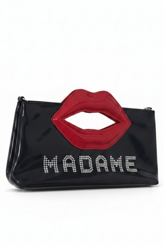 "MADAME" UPCYCLED LIPS RHINESTONE CLUTCH HANDBAG