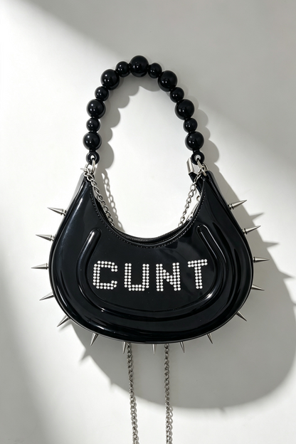 "CUNT"Upcycled Mini Spiked Rhinestone Beaded PVC Handbag